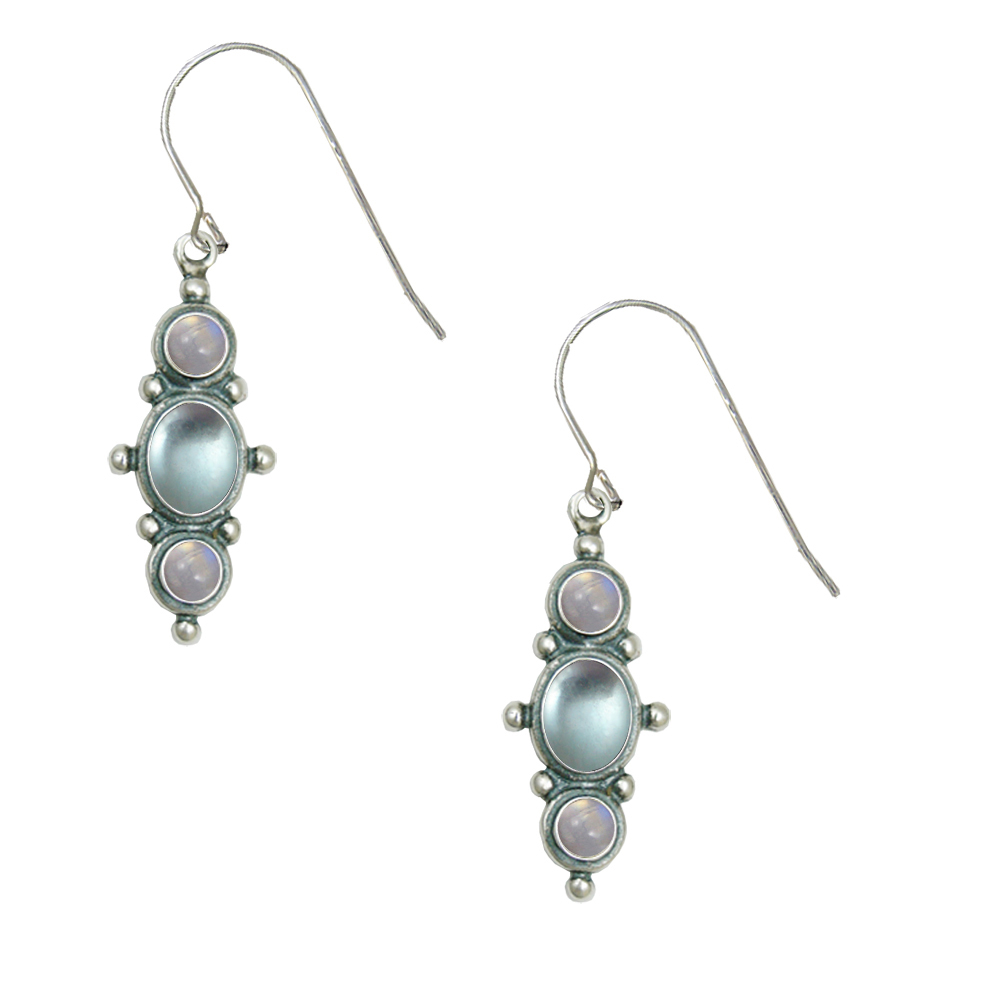 Sterling Silver Drop Dangle Earrings With Blue Topaz And Rainbow Moonstone